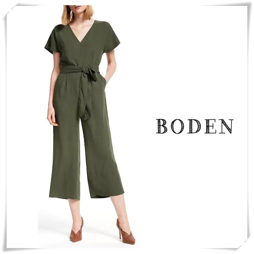 BODEN Romilly Waist Tie Jumpsuit in Olive Green Size 4R